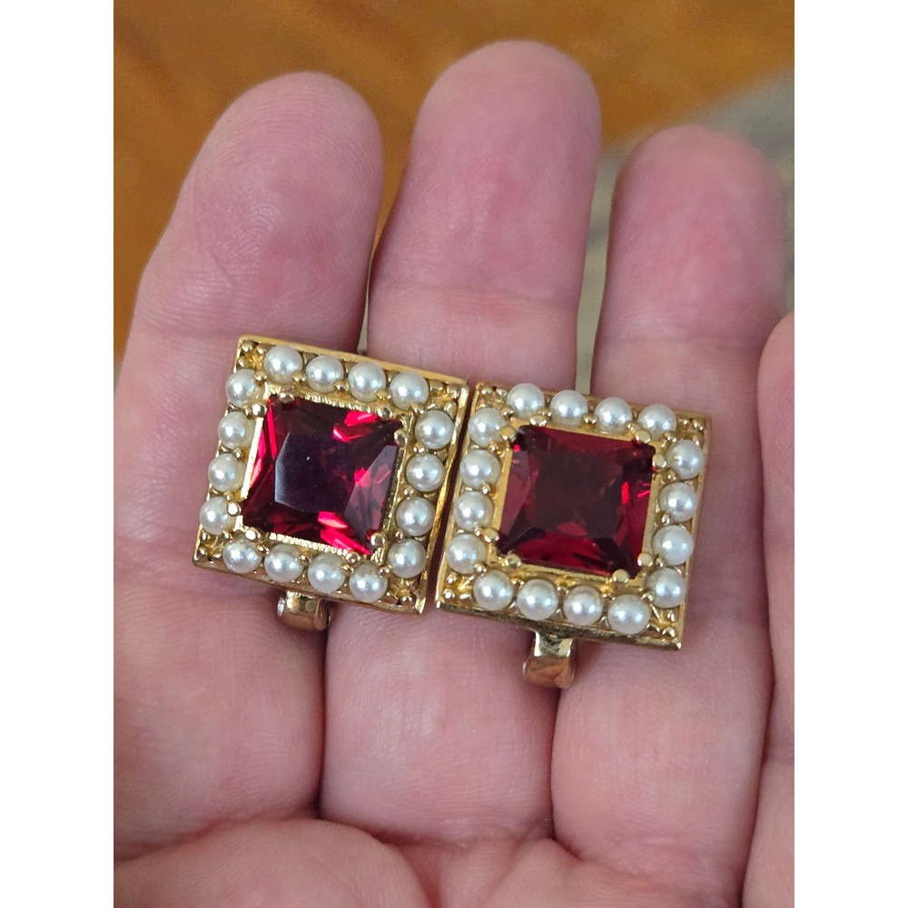 Garnet Pearl Goldtone Sterling Silver Square Earrings Pierced